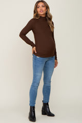 Brown Ribbed Mock Neck Lettuce Trim Maternity Long Sleeve Top