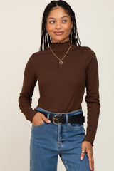 Brown Ribbed Mock Neck Lettuce Trim Maternity Long Sleeve Top