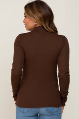 Brown Ribbed Mock Neck Lettuce Trim Maternity Long Sleeve Top