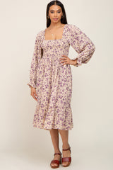 Taupe Floral Smocked Long Sleeve Maternity Midi Dress