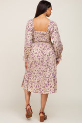 Taupe Floral Smocked Long Sleeve Midi Dress