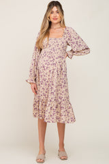 Taupe Floral Smocked Long Sleeve Maternity Midi Dress