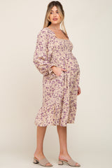 Taupe Floral Smocked Long Sleeve Maternity Midi Dress