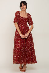 Burgundy Floral Tiered Midi Dress