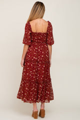 Burgundy Floral Tiered Maternity Midi Dress