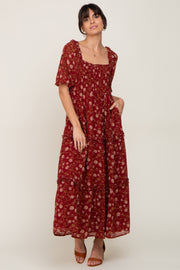 Burgundy Floral Tiered Midi Dress