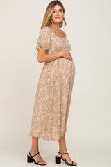 Mocha Floral Puff Sleeve Maternity Maxi Dress