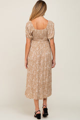 Mocha Floral Puff Sleeve Maternity Maxi Dress