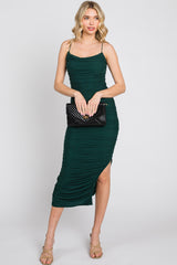 Forest Green Mesh Ruched Side Slit Midi Dress