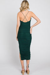 Forest Green Mesh Ruched Side Slit Midi Dress