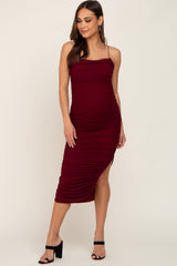 Burgundy Mesh Ruched Maternity Side Slit Midi Dress