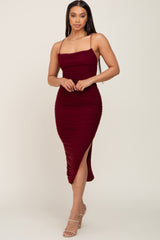 Burgundy Mesh Ruched Side Slit Midi Dress