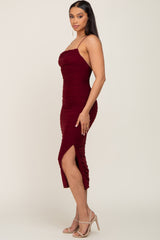 Burgundy Mesh Ruched Side Slit Midi Dress