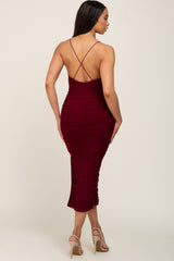 Burgundy Mesh Ruched Side Slit Midi Dress