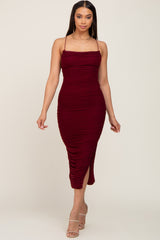 Burgundy Mesh Ruched Side Slit Midi Dress