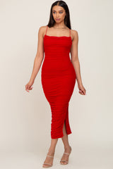 Red Mesh Ruched Side Slit Midi Dress