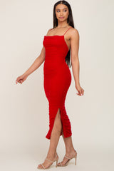 Red Mesh Ruched Side Slit Midi Dress