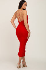 Red Mesh Ruched Side Slit Midi Dress