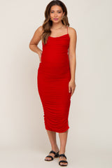 Red Mesh Ruched Maternity Side Slit Midi Dress