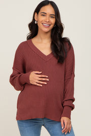 Burgundy V-Neck Oversized Maternity Sweater