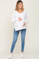 White V-Neck Oversized Maternity Sweater