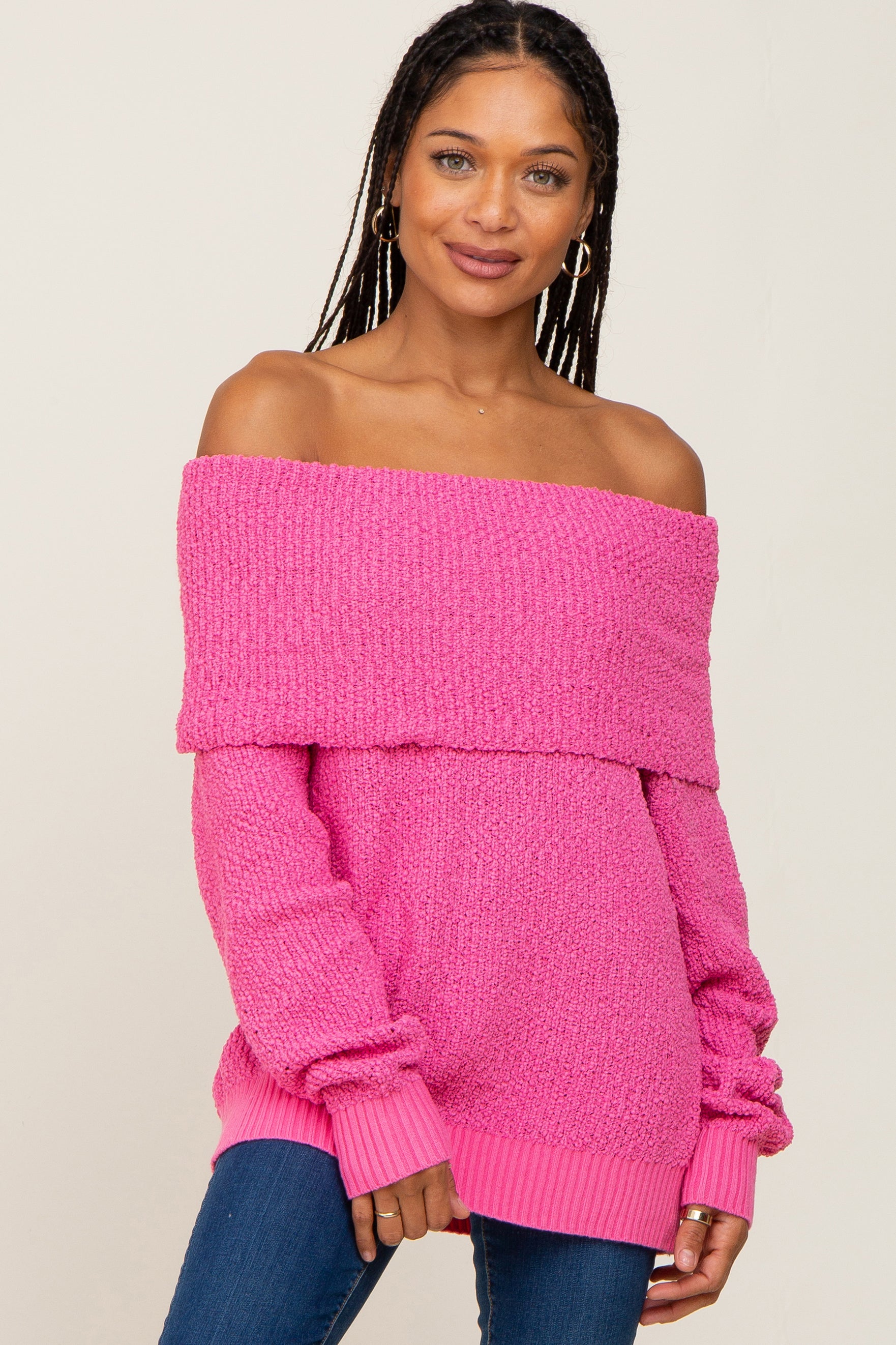 Fuchsia Foldover Off Shoulder Sweater PinkBlush