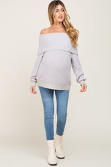 Silver Foldover Off Shoulder Maternity Sweater