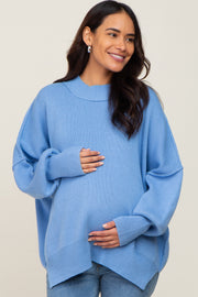 Light Blue Mock Neck Exposed Seam Maternity Sweater