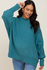 Teal Blue Mock Neck Exposed Seam Maternity Sweater