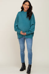 Teal Blue Mock Neck Exposed Seam Maternity Sweater