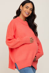 Coral Mock Neck Exposed Seam Maternity Sweater