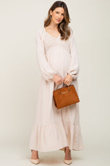 Ivory Smocked Balloon Sleeve Maternity Maxi Dress