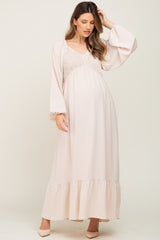 Ivory Smocked Balloon Sleeve Maternity Maxi Dress