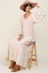 Ivory Smocked Balloon Sleeve Maternity Maxi Dress