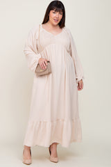 Ivory Smocked Balloon Sleeve Plus Maxi Dress