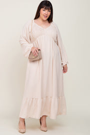 Ivory Smocked Balloon Sleeve Plus Maxi Dress