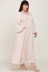 Ivory Smocked Balloon Sleeve Plus Maxi Dress