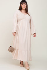 Ivory Smocked Balloon Sleeve Plus Maxi Dress