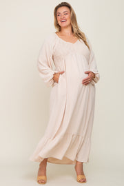 Ivory Smocked Balloon Sleeve Maternity Plus Maxi Dress