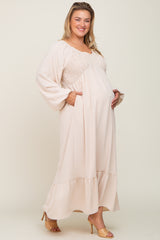 Ivory Smocked Balloon Sleeve Maternity Plus Maxi Dress