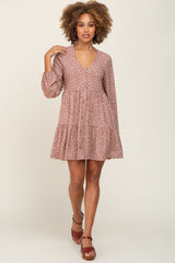 Mauve Floral Long Sleeve Tiered Dress