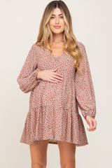 Mauve Floral Long Sleeve Tiered Maternity Dress