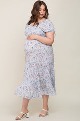 Light Blue Floral Tiered Plus Maternity Maxi Dress