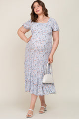 Light Blue Floral Tiered Plus Maternity Maxi Dress