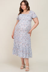 Light Blue Floral Tiered Plus Maternity Maxi Dress