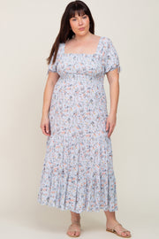 Light Blue Floral Tiered Plus Maxi Dress