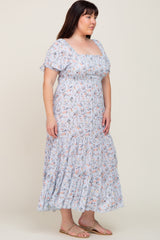 Light Blue Floral Tiered Plus Maxi Dress