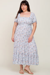 Light Blue Floral Tiered Plus Maxi Dress