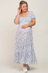 Light Blue Floral Tiered Plus Maternity Maxi Dress