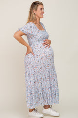 Light Blue Floral Tiered Plus Maternity Maxi Dress